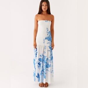 Peppermayo Strapless White Dress with Blue Floral Print